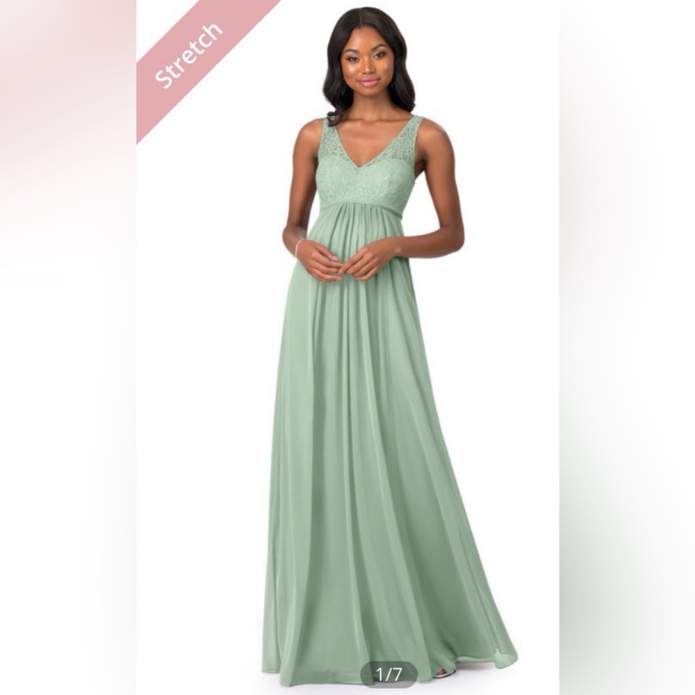 Azazie dusty sage, mint green floor length, formal prom dress maternity friendly